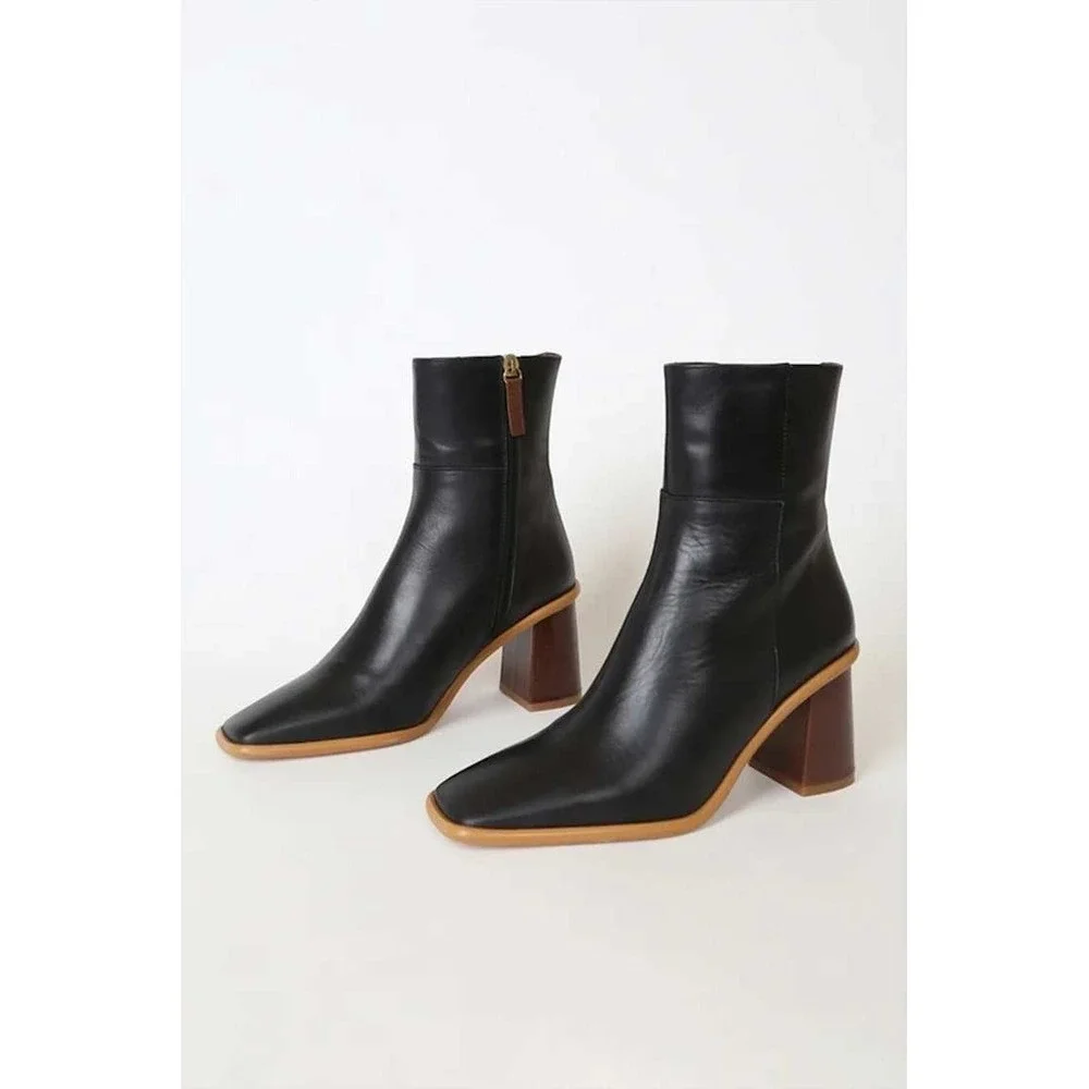 Alohas East Black Leather Square Toe Ankle Boots‎ Wood Block Heel Spain Size 41